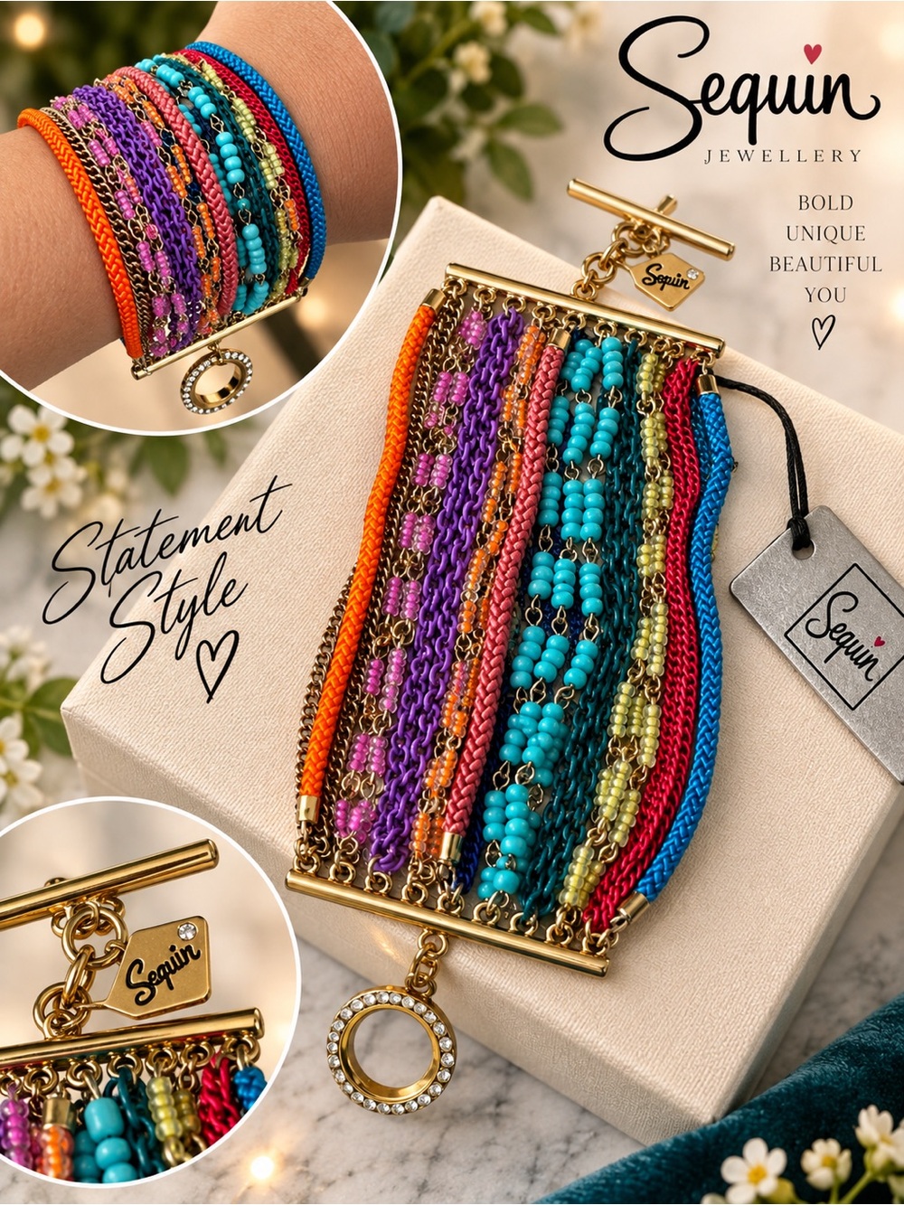 Sequin Multistrand Colorful Statement Bracelet - Turquoise, Purple & Orange